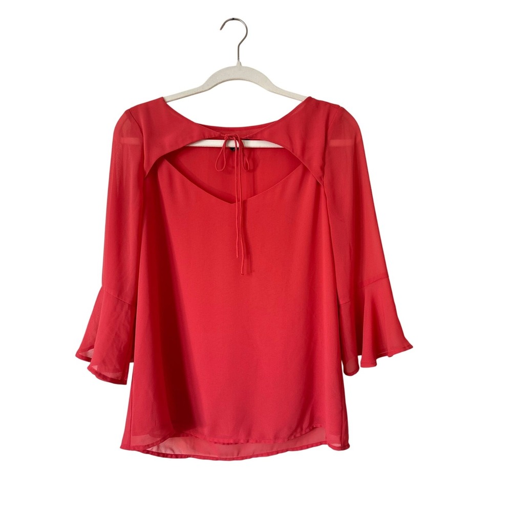 Express Chiffon Bell Sleeve Blouse Women's Small Coral Pink Sheer Tie Detail